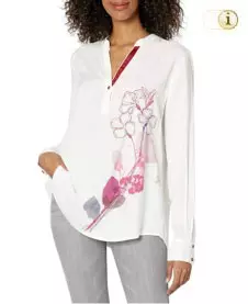 Desigual Bluse Senda mit V-Ausschnitt und floralen Designs an der Seite. Farbe: weiß.