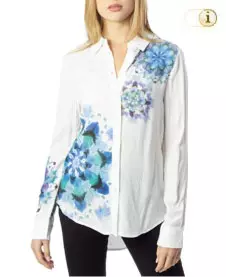 Langarm Desigual Damenhemd Vicenza mit großen blauen Blumenprints. Farbe: weiß.