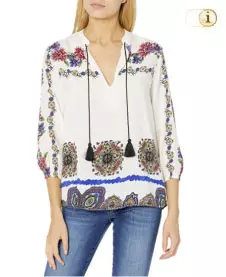 Desigual Bluse Capri mit Blumen- und zierlichen Peacezeichenmotiven. Farbe: weiß.