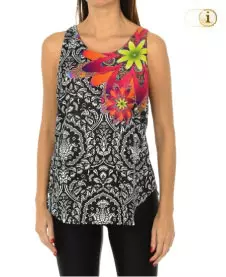 Desigual Bluse Nuria mit bunten floralen Prints und Strass im Brustbereich. Farbe: schwarz.