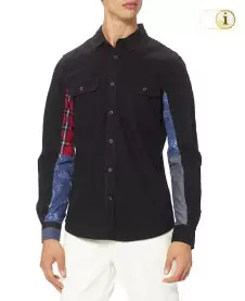 Desigual Herrenhemd Rudolf mit Cut-away-Kragen und aufgedrucktem Patch an den Ärmeln mit Karos und Bordüren. Farbe: schwarz.