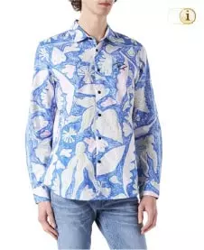 Desigual Herrenhemd Peter mit großflächigen floralen Mustern in weiß. Farbe: blau.