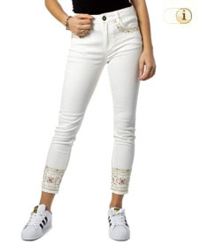 Desigual Exotic Jeans India mit Bordürenstickereien, Blumen und Pailletten. Farbe: weiß.