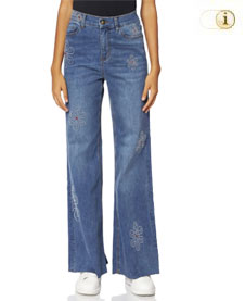 Desigual Jeans mit weiten, ausgestelltem Bein und aufgestickten Margeriten. Farbe: blau.