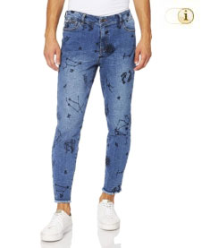 Desigual Jeans Austra mit leichter Waschung, ausgefranstem Saum und Stickereien verschiedener Sternenkonstellationen. Farbe: blau.