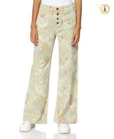 Halbhoch geschnittene Desigual Hose mit glockenförmigem Bein und Camoflower-Muster in Pastellfarben. Farbe: grün.