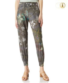 Frühlingshafte Desigualhose mit tropischen Blumenmusters im Jogger-Schnitt. Farbe graugrün.