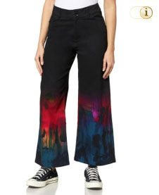 Hoch geschnittene Desigual Hose mit weitem Bein und arty Muster an den Säumen. Farbe: schwarz.