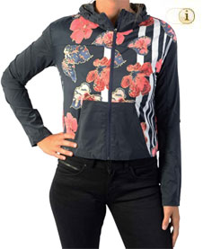 Desigual Running Jacket mit großem roten Blumenmuster. Farbe: Schwarz.