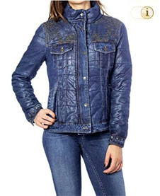  Gesteppte, gepolsterte Desigual Jacke im Jeanslook mit Musterprints im Brustbereich. Farbe: blau.