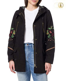 Desigual Jacke iggy Pop. Parka mit Kapuze aus Canvas, die Ärmel sind mit Bordüren und bunten Blumenstickereien verziert. Farbe: Schwarz.