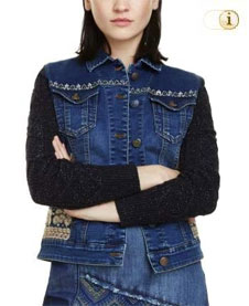 Desigual Jeansjacke mit symmetrischen Stickereien, Pailletten-Akzenten und 
Posamente. Stoff: Texilfasermischung. Farbe: Blau.