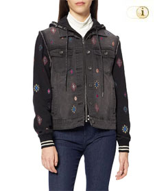 Desigual Jeansjacke liverpoo mit Sweat-Ärmeln und -kapuze sowie aufgestickten Rhomben mit Pailletten. Stoff: Texilfasermischung. Farbe: schwarz.