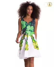 Desigual A-Linienkleid ELIAN mit geteiltem Ausschnitt als ärmelloses Kleid mit floralen und Kreismustern als Print. Farbe: weiß.