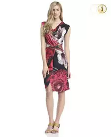 Desigual Tulpenkleid URALET mit abstraktem Print, geraffter Taille und gekerbtem Saum. Farbe: rot.