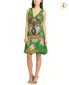 Knielanges Desigual Ballon Kleid Yentes mit buntem floralem Mustermix. Farbe: grün.