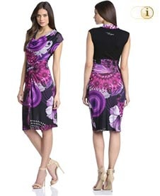 Desigual Tulpenkleid URALET mit abstraktem Print, geraffter Taille und gekerbtem Saum. Farbe: violett/schwarz.