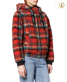 Jacke Marbella mit Kapuze und Tartan-Muster. Wärmender Textilfasermix. Farbe: rot.