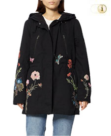 Mantel Beleno Parka mit floralem u. Libellenmuster. Farbe: schwarz.