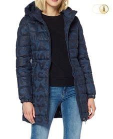 Blauer Wintermantel für Damen. Hüftlanger gepolsterter Mantel mit Rundhalsausschnitt und Logodruck, blau.