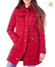 Roter Daunen-Wintermantel für Damen, gesteppt und gepolstert, rot.