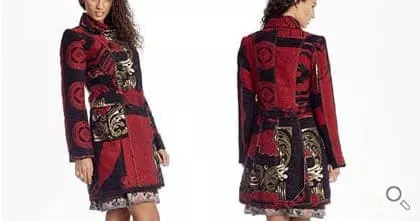 Schwarz-Roter Wintermantel für Damen. Mantel Posthuman im Patchworkstil und Brokatstoffen.