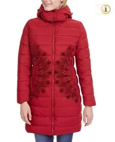 Roter Wintermantel für Damen. Mantel gepolstert, mit Mandala, rot.