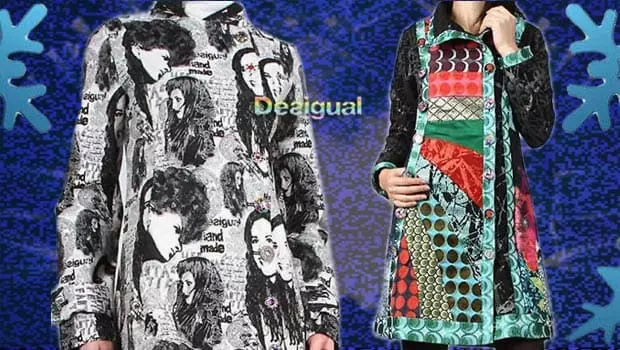 Desigual Damenmantel. Mantel Sombras in schwarz-weiß und Mantel Mi Musa in Türkis in schillernden Farben und kunstvollen Mustern.