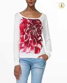 Weisser Desigual Pullover MALTA mit großer roter Blume.