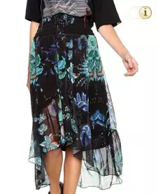 Langer Rock Loreta. Asymmetrisch geschnitten, mit bequemer elastischer Taille und großen floralen Prints. Farbe: schwarz.