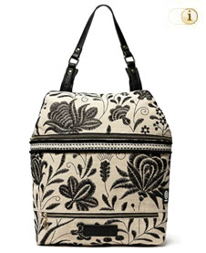 Desigual Rucksackhandtasche maui Olten mit schwarzem Garn aufgenähten floralen Mustern auf 100% Baumwolle. Farbe: schwarz/beige.