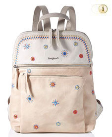 Desigual Rucksack Cristal Moon Nanaimo mit zierlichen gestickten Mandalamustern und Bordüre auf edlem Lederimitat. Farbe: creme.