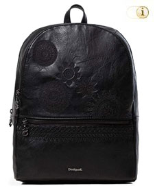 Desigual Rucksack Zaino Nero Donna mit ton-in-ton geprägten Mandalamustern. Aus edlem Lederimitat. Farbe: Schwarz.