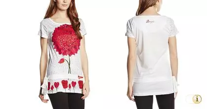 Desigual T-Shirt mit großer roter Blume auf der Brust und mehreren roten Blumen am Saum. Abbildung von vorne und hinten.