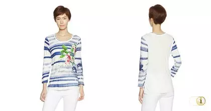 Weiß, blau horizontal gestreiftes Desigual Damenshirt mit Blumenprint und Handschrift als Muster. Abbildung von vorne und hinten.