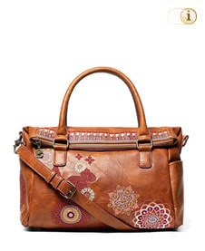  Desigual Tasche Bols Chandy Loverty mit aufgestickten Mandalas auf edlem Lederimitat. Farbe: braun.