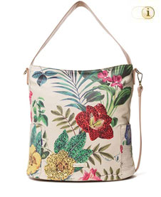 Tasche Clio Yakarta-Mini mit schönen Blumenprints auf edlem Lederimitat. Farbe: creme.