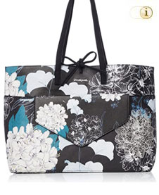 Einkaufstasche Desigual Arcadia Seattle Shopper mit schönen Blumenverzierungen. Farbe: schwarz.