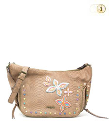 Die Handtasche Fly Patch Somalia besticht mit einem besonderen Krokoprint, welche von bunten floralen Akzenten verziert wird. Farbe: hellbraun.