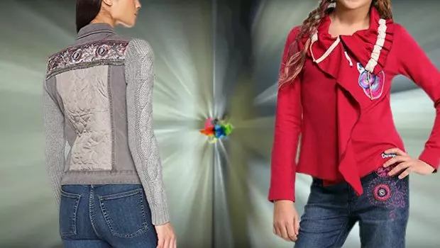 Zwei junge Frauen mit Desigual Jacken in exotic Silver mit Stickerei und roter Jacke vor grünem Hintergrund mit Strahleneffekt.