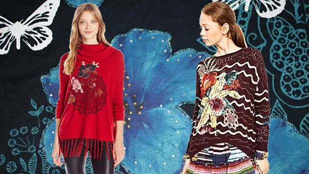 Zwei junge Frauen mit Desigual Pullover für Herbst und Frühling. Roter Pullover mit Mandala und Blumenstickerei als auch langen Fransen am unteren Saum. Brauner Pullover mit Lochmuster, weißen Querstreifen und bunter Blumenstickerei.