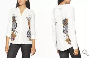 Weißes Desigual Hemd Cam Inmaculada mit ornamentalen Musterungen rechts und links.