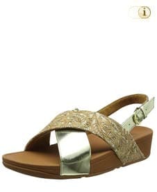 Goldene FitFlop Damen Sandale Lulu in glänzender, gespiegelter Metallic-Optik mit überkreuzten Riemchen, gold.