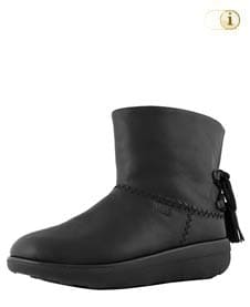 Schwarzer FitFlop Damen Winterstiefel mit einer Schnürquaste hinten, Shorty II, schwarz.