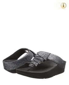 Schwarze Fitflop Schuhe Damen, Cha Sandalen mit Lederfransen, schwarz.