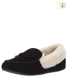 Fitflop Clara Moccasin-Hausschuhe aus Wildleder und Lammfellfutter, schwarz.