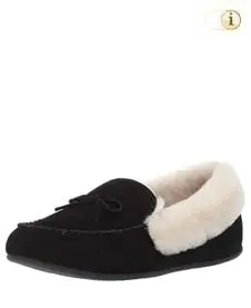 Schwarze Fitflop Schuhe Damen, Clara Moccasin-Hausschuhe aus Wildleder und Lammfellfutter, schwarz.