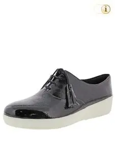 Schwarze Fitflop Schuhe Damen, Tassel Superoxford in geknittertem Lackleder, schwarz.