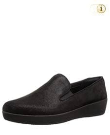 Schwarze FitFlop Slipper Schuhe für Damen, Loafer Schlupfhalbschuh aus schimmerndem Walkleder, schwarz.