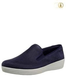 Blaue FitFlop Slipper Schuhe für Damen, Loafer Schlupfhalbschuh aus schimmerndem Walkleder, blau.